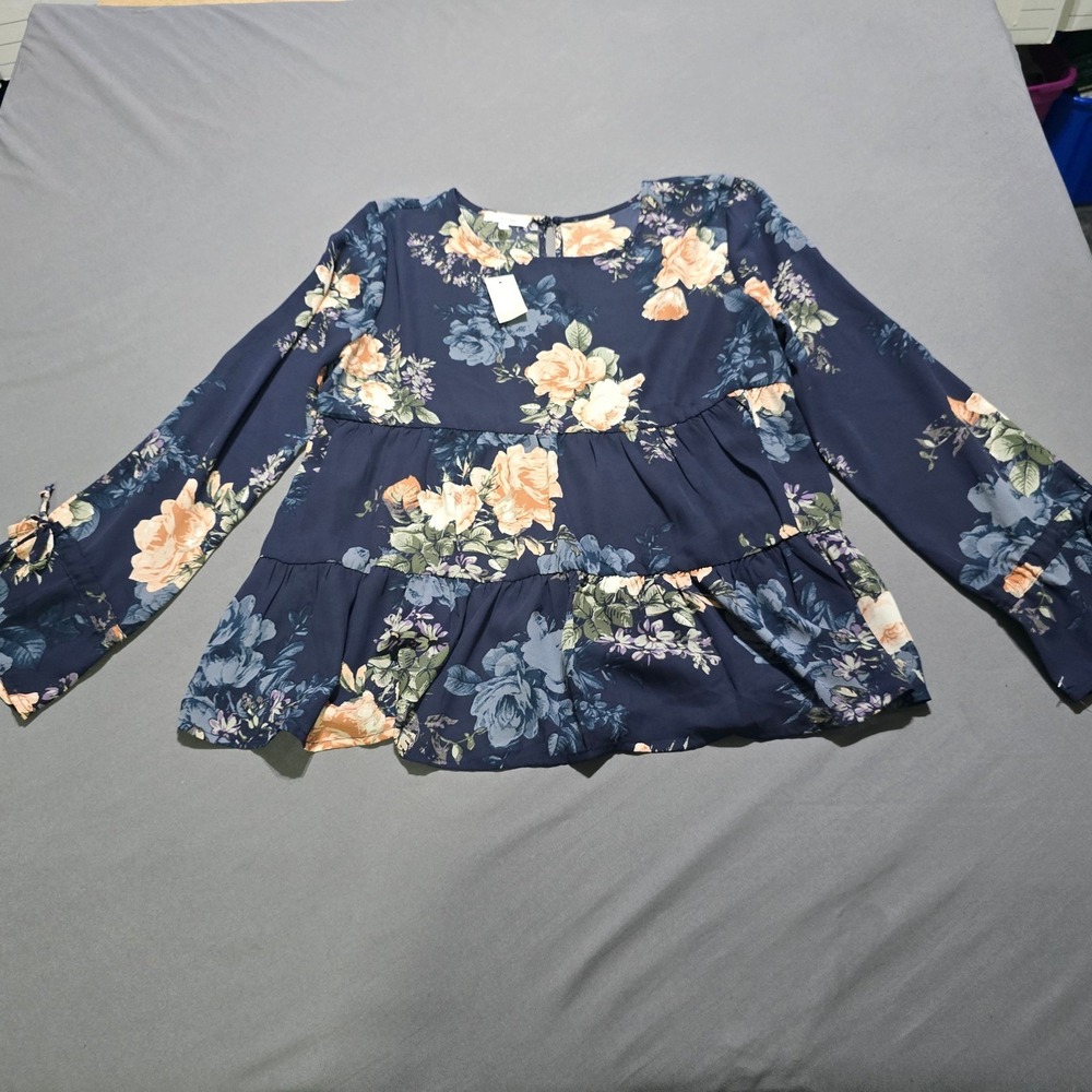 new Maurices Peplum Blouse Womens Medium Navy Blue Floral Tiered Long Sleeve Top